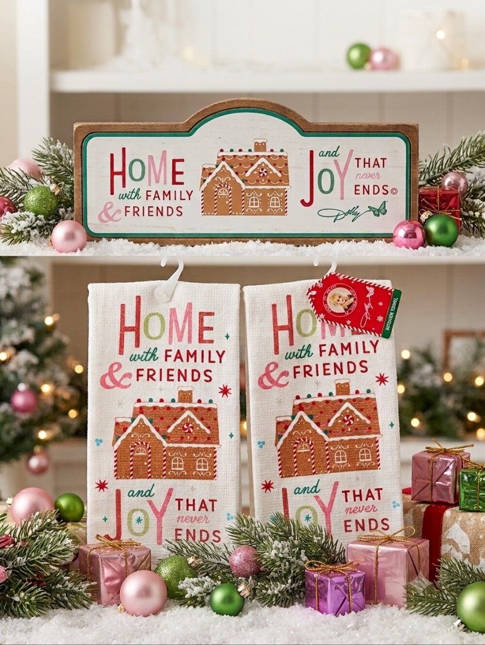 Holiday Gingerbread Kitchen Towels & Sign Set "Home With Family & Friends Joy"